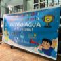 Gigantografía impresa para evento escolar "Equipo Agua" con diseño colorido infantil, copa de victoria y personajes animados, producida por Perú Impress Lima